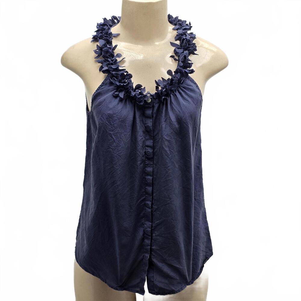 J.Crew Navy Blue Silk Blouse Floral Ruffle Neckline Small S